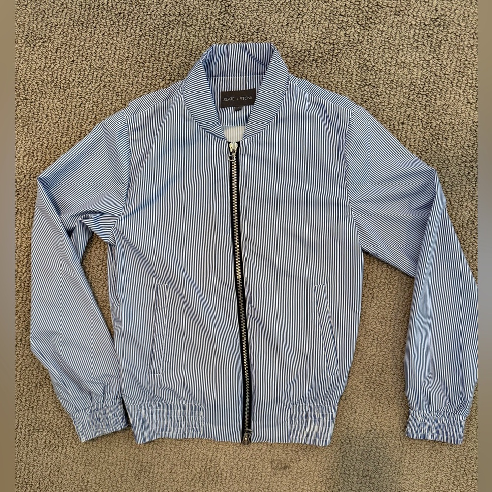 Lightweight Seersucker Stripe Slate and Stone Bomber Jacket